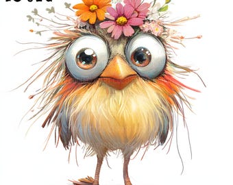 Whimsical Flower Birds Clipart, Cute Funny Birds, Digital Clipart, Watercolor clipart, Digital download, Paper craft, junk journals