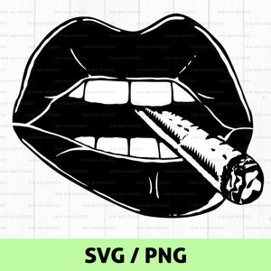 May include: Black and white illustration of a pair of lips with a cigarette in them.