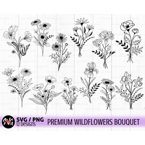 flores silvestres svg, pacote de buquê svg, floral svg, flor svg, botânico svg, plantas de campo svg, esboço de flor svg