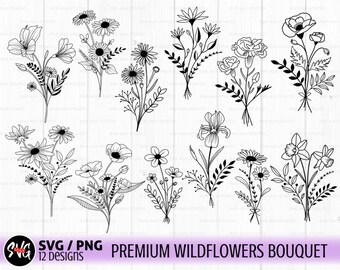 Wildblumen svg, Strauß svg bündel, Blumen svg, Blumen svg, botanische svg, Feldpflanzen svg, Blumenskizze svg