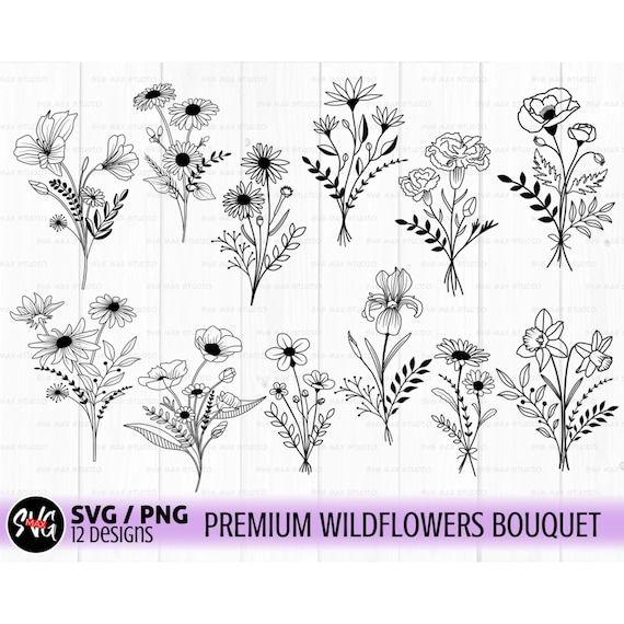 wildflower svg, Bouquet svg bundle, floral svg, flower svg, botanical svg, field plants svg, flower sketch svg