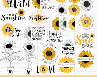 May include: A collection of 24 sunflower designs in SVG and PNG formats. The designs feature sunflowers with various text elements, including phrases like "Stay Wild," "Sunshine," and "Love." The color palette includes yellow, black, and white.