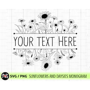 Blumenrand svg, Wildblumen svg, Blumenrahmen svg, Sonnenblume svg, Blumenrand svg, geteiltes Monogramm svg, Blumenmonogramm svg, Blumen svg