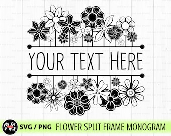 Borde floral svg, marco floral svg, borde de flores svg, monograma dividido svg, monograma floral svg, flores silvestres svg, svg dibujado a mano, svg floral