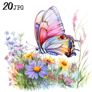 Borboletas com flores silvestres Clipart, Borboleta, Clipart de aquarela para impressão, JPG de alta qualidade, Download digital, Artesanato em papel, diário de lixo