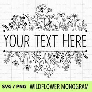 Bordure florale svg, svg bordure fleurie, cadre floral svg, svg monogramme divisé, monogramme floral svg fleurs sauvages svg, svg floral
