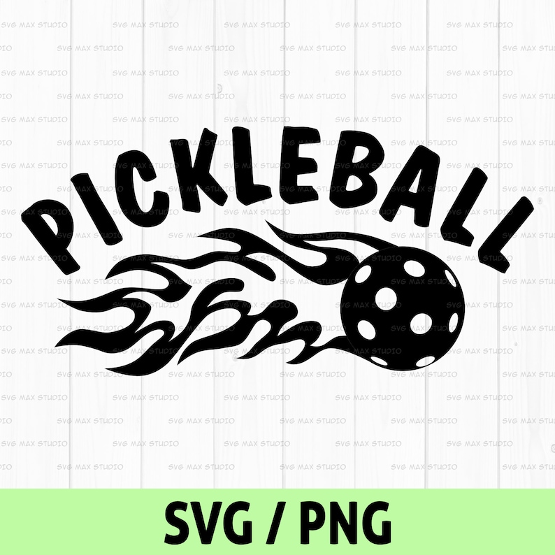 May include: Black and white design of a pickleball with flames behind it and the word "Pickleball" above it.