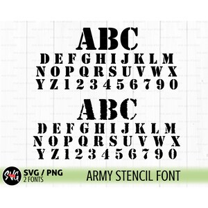 Puede incluir: Dos juegos de fuentes de esténcil en negro, que incluyen el alfabeto y los números. La fuente es de estilo negrita y en bloque con un aspecto desgastado. El texto "Army Stencil Font" está debajo de las fuentes.