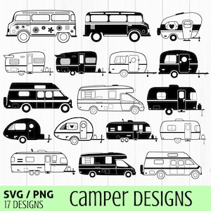 Pacote svg de campista, svg de acampamento, svg de campista retrô, svg de trailer, svg de RV, svg de verão, svg de aventura, svg de viagem, arquivo de corte para cricut