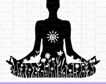 Svg de yoga, svg de flores silvestres, svg de meditación, svg de mandala, svg de namaste, png, svg espiritual, postura de loto, chakra del corazón, chakra de la corona