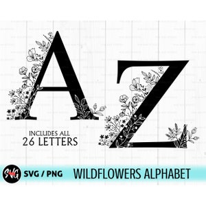 Alfabeto floral svg, flores silvestres svg, letras florales svg, monograma svg, flores svg, plantas de campo svg, naturaleza svg,