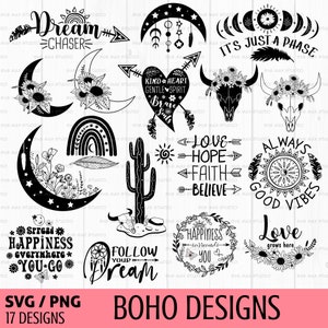 Boho svg bundle, hippie svg, mental health svg, boho rainbow svg, celestial svg, boho clipart, moon phases svg, cactus svg, cow skull svg
