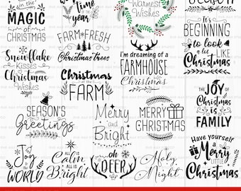 Op de afbeelding: Een set van 18 zwart-witte kerstboerderij-ontwerpen in SVG- en PNG-formaat. De ontwerpen bevatten verschillende kerstthema's en afbeeldingen, waaronder "Geloof in de magie van Kerstmis", "Boerderijverse kerstboom", "Ik droom van een kerstboerderij", "Seizoensgroeten", "Vrolijk en licht", "Oh hert", "Heilige nacht", "De vreugde van Kerstmis is familie" en "Geniet van een vrolijk klein kerstfeest".