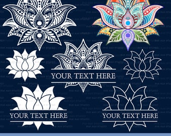 Svg de loto, svg de yoga, svg de zentangle, svg de mandala, svg de monograma dividido, svg de flor, svg de meditación, archivo de corte para cricut y silueta