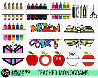 May include: A set of 18 teacher monogram designs featuring various school-themed elements, including pencils, crayons, scissors, rulers, apples, and books. The designs are in a variety of colors, including red, yellow, blue, green, and pink. The text "TEACHER MONOGRAMS" is included in the image.