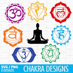 Puede incluir: Ocho dise&ntilde;os de chakras coloridos con s&iacute;mbolos s&aacute;nscritos y patrones geom&eacute;tricos. Los dise&ntilde;os incluyen un s&iacute;mbolo Om morado, un tri&aacute;ngulo amarillo con un s&iacute;mbolo, un cuadrado rojo con un s&iacute;mbolo, un c&iacute;rculo naranja con un s&iacute;mbolo, un c&iacute;rculo azul con un s&iacute;mbolo, una estrella verde con un s&iacute;mbolo, un tri&aacute;ngulo azul con un s&iacute;mbolo y una silueta negra de una persona en una postura de yoga.
