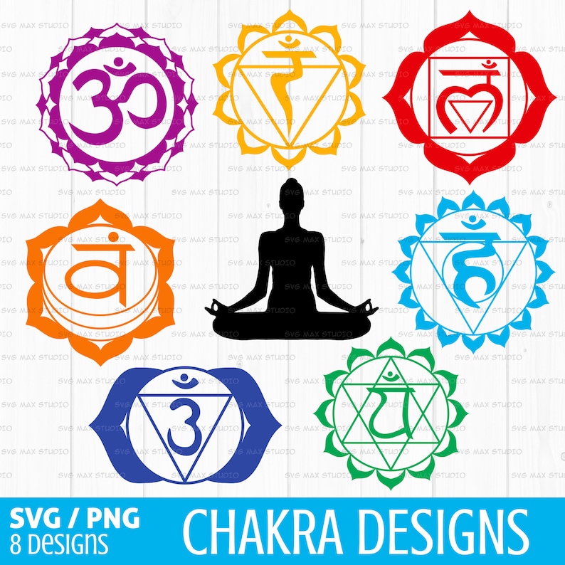 Puede incluir: Ocho dise&ntilde;os de chakras coloridos con s&iacute;mbolos s&aacute;nscritos y patrones geom&eacute;tricos. Los dise&ntilde;os incluyen un s&iacute;mbolo Om morado, un tri&aacute;ngulo amarillo con un s&iacute;mbolo, un cuadrado rojo con un s&iacute;mbolo, un c&iacute;rculo naranja con un s&iacute;mbolo, un c&iacute;rculo azul con un s&iacute;mbolo, una estrella verde con un s&iacute;mbolo, un tri&aacute;ngulo azul con un s&iacute;mbolo y una silueta negra de una persona en una postura de yoga.