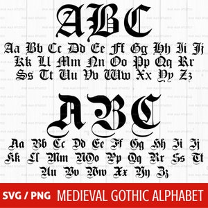 Könnte beinhalten: Schwarz-weiße mittelalterliche gotische Alphabetschrift. Die Buchstaben A, B und C sind oben im Bild in großer Schriftgröße dargestellt. Das vollständige Alphabet ist unten in Kleinbuchstaben dargestellt. Der Text "SVG/PNG MEDIEVAL GOTHIC ALPHABET" befindet sich unten im Bild.