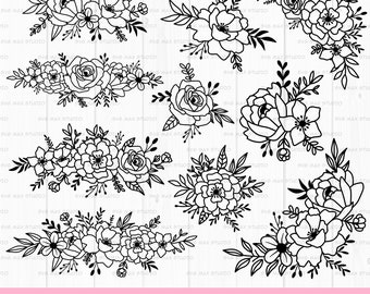 Bloem svg bundel, bruiloft bloemen grens svg, bloemstuk svg, bloemen svg, boeket svg, wilde bloemen svg, bloem png, bloemen frame