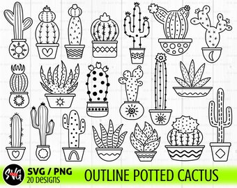 Cactus svg, bundle png, succulente svg, deserto svg, clipart cactus, contorno cactus svg, cactus stampabile, botanico svg, pianta da appartamento svg