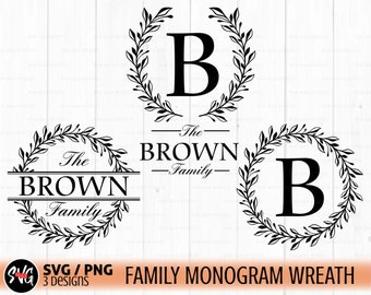 Svg de couronne de monogramme de famille, svg de nom de famille, nom de famille svg, couronne de laurier, couronne de feuilles, svg de couronne de fleurs, svg de couronne de mariage, cadre rond
