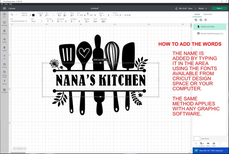 May include: A black and white design for a kitchen sign that says "Nana's Kitchen". The design includes a spatula, a spoon, a rolling pin, a whisk, and a knife. There are also small floral designs on either side of the sign.