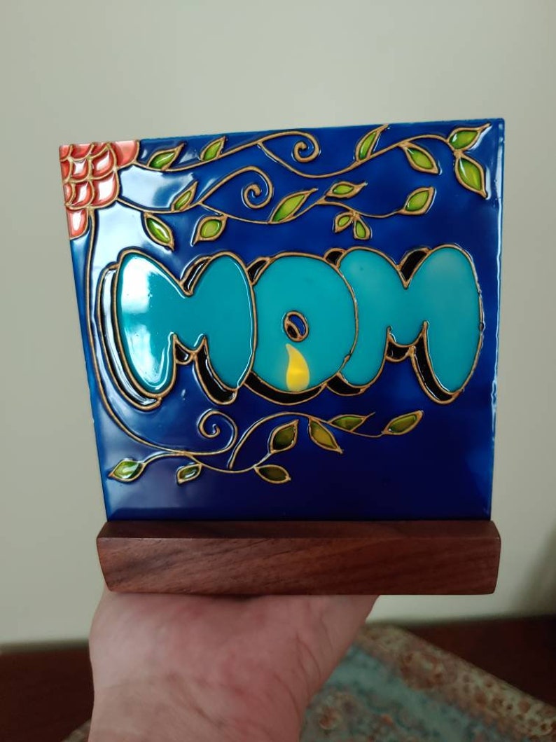 Vitray and wood candleholder Mom