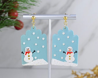 Snowman earrings, Christmas, Holidays, Gifts, Snow  - Handmade Polymer Clay Earrings, Statement, Bold, Fun, Elegant, Gift for Women and Men