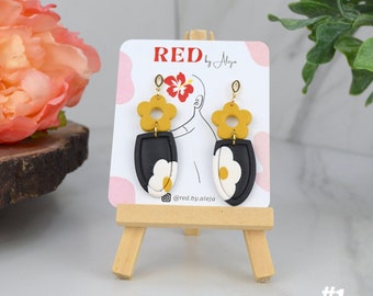 White, yellow, black flowery dangly earrings - Handmade Polymer Clay Earrings, Statement, Bold, Fashion, Sophisticated, Work, Elegant, Gift