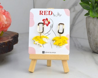 Yellow and white design dangly earrings - Handmade Polymer Clay Earrings, Statement, Bold, Fashion, Sophisticated, Work, Elegant, Gift