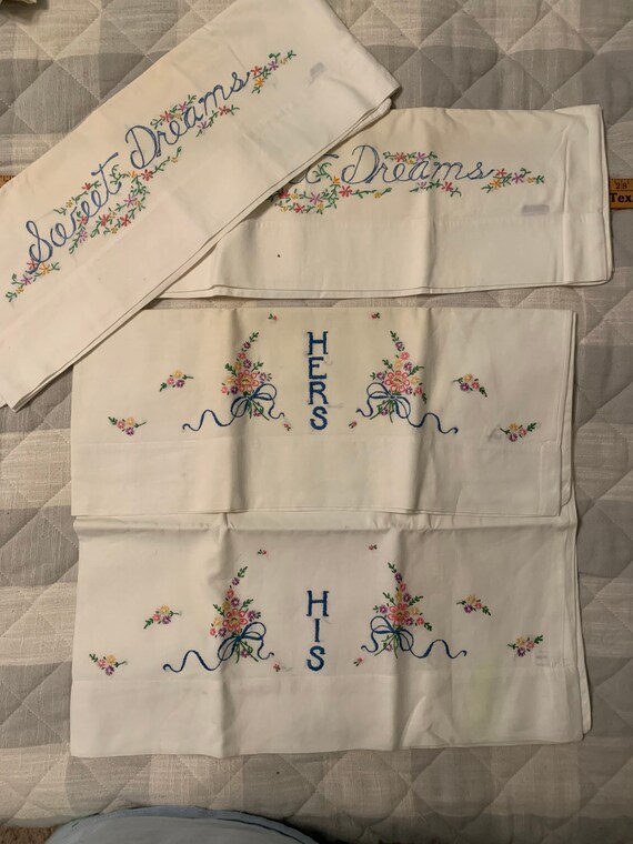 Vintage Embroidery Pillow Cases His and Hers With Pretty Etsy