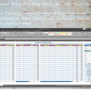 Income and Expense Tracker, Contract Work Editable Excel Spreadsheet - Earnings Tracker, Expense Tracker, Mileage Log, self employed log