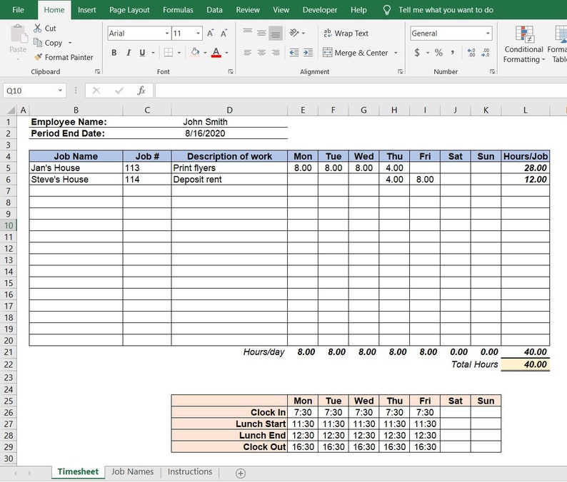 Hoja de horas semanal Hoja de cálculo de Excel Etsy