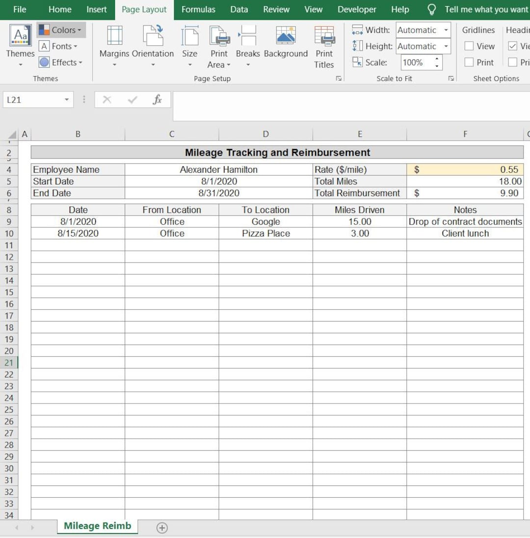 Mileage Tracking and Reimbursement Log Excel Spreadsheet Etsy