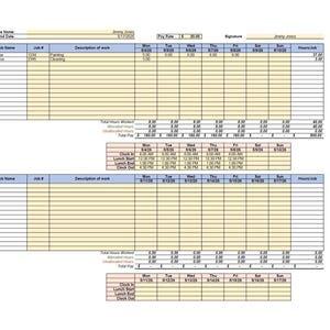 Può includere: Un foglio presenze con il nome del dipendente "Jimmy Jones" e la data di fine periodo del 17/05/2026. Il foglio include sezioni per il nome del lavoro, il numero del lavoro, la descrizione del lavoro e le ore lavorate, con una tariffa di 20,00 €.