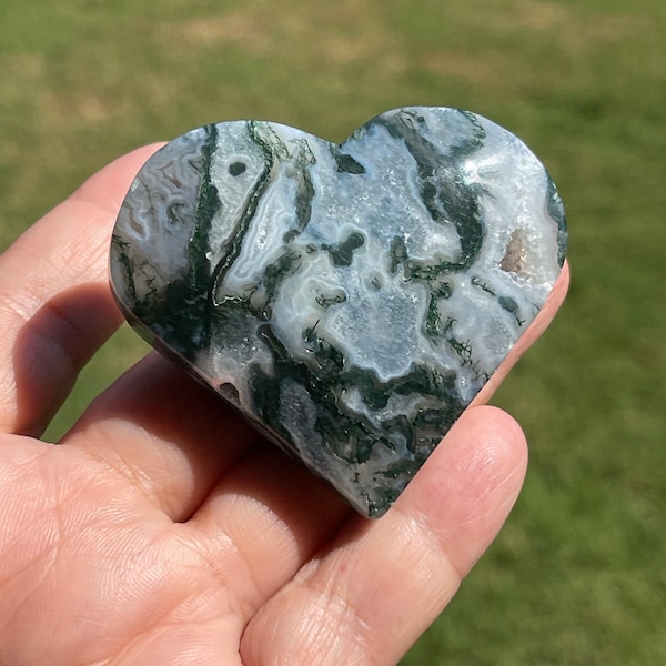 Moss Agate Druzy Heart - Moss Agate Carving - Moss Agate Crystal Heart - Moss Agate Healing Crystal - Crystal Carving