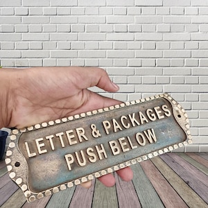 Vintage Brass “LETTER & PACKAGES Sign – Cast Metal Instructional Door Sign – Antique Style Delivery Plaque for Mail Slot or Package Box