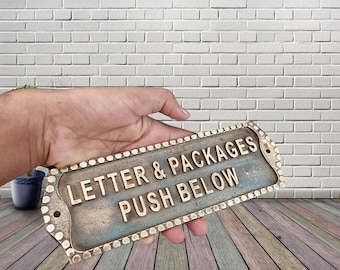 Vintage Brass “LETTER & PACKAGES Sign – Cast Metal Instructional Door Sign – Antique Style Delivery Plaque for Mail Slot or Package Box