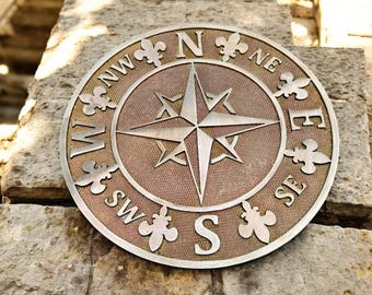 Handcrafted bronze Compass Rose Plaque | Nautical Garden Decor | Solid Bronze Compass Wall Art | Weatherproof Outdoor Compass Sign