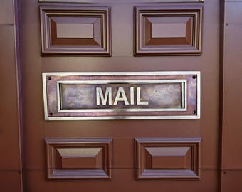 Personalized Brass Mail Slot with Inside Hinge - Antique aged finish with raised "Mail" lettering - Custom Letter Box