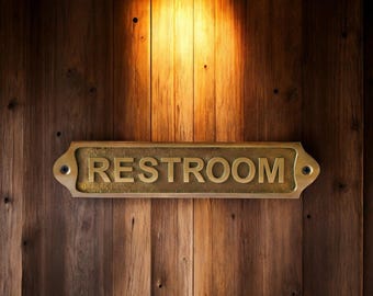 Vintage Style Brass Restroom Sign - Embossed Brass Restroom Sign - Vintage Industrial Bathroom Decor