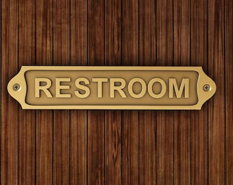 Brass Restroom Sign - Metal Bathroom Door Plaque - Office & Home Decor - Gold Toilet Sign
