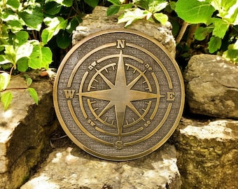 Brass Rose Compass Plaque: Nautical Garden Wall Art - 5 inch Weatherproof Outdoor Compass Sign