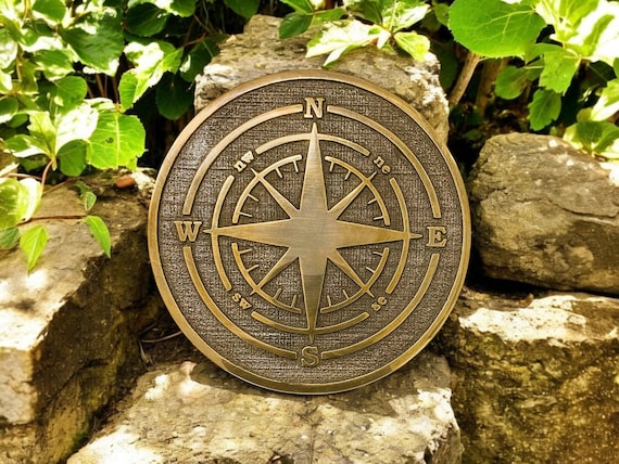 Brass Compass Rose Plaque: Nautical Garden Wall Art - 5 inch Weatherproof Outdoor Compass Sign