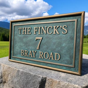 Placa de dirección de bronce personalizada – Letrero de bronce con pátina envejecida y letras en relieve – Letrero para casa de exterior – Marcador de finca para piedra