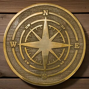 May include: A round, brass-colored compass rose with directional indicators (N, S, E, W, NE, NW, SE, SW) and a central star design. The compass is set against a textured background and mounted on a wooden surface.