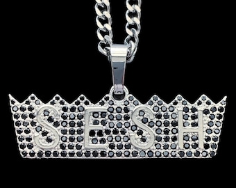 SESH Crown Necklace! Iced Out Cubic Zirconia Pendant + Stainless Steel Chain (TeamSESH Bones Xavier Wulf Hollow Squad DeadBoy Trap Metal)