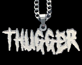 Young Thug THUGGER Necklace! Etched Stainless Steel Pendant + Stainless Steel Chain (Young Slime Life Young Stoner Life Slatt Gunna Wunna)