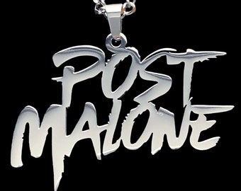 ¡Collar Post Malone! Colgante de acero inoxidable pulido + cadena de acero inoxidable (Posty Stoney White Iverson Beerbongs and Bentleys 12 quilates)