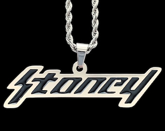¡Collar Stoney Post Malone! Colgante de acero inoxidable y esmalte negro + cadena de acero inoxidable (Beerbongs y Bentleys Posty White Iverson)